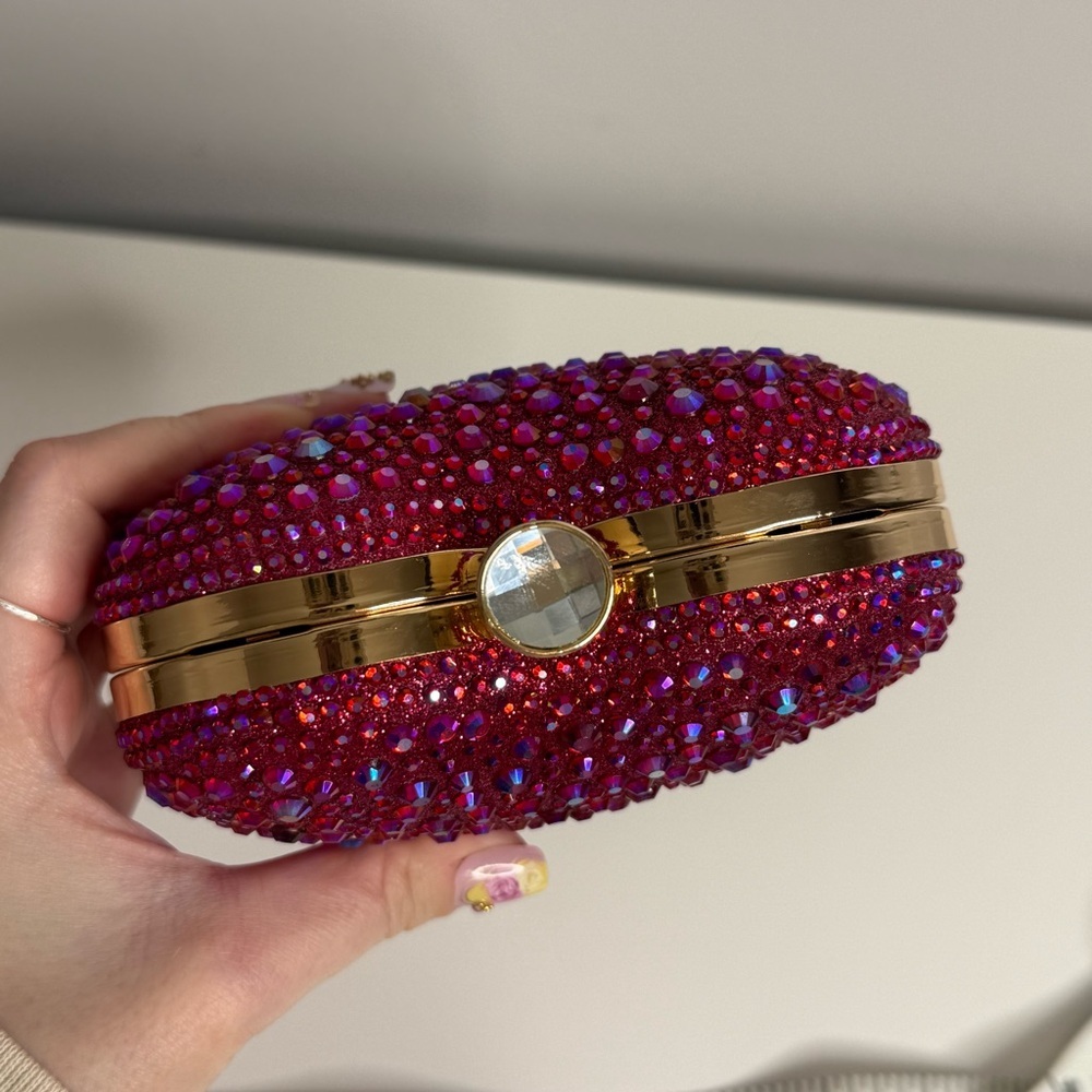 Ramla Amour Raspberry Pink Rhinestone Heart Clutch Evening Bag  $189 New - Picture 6 of 9